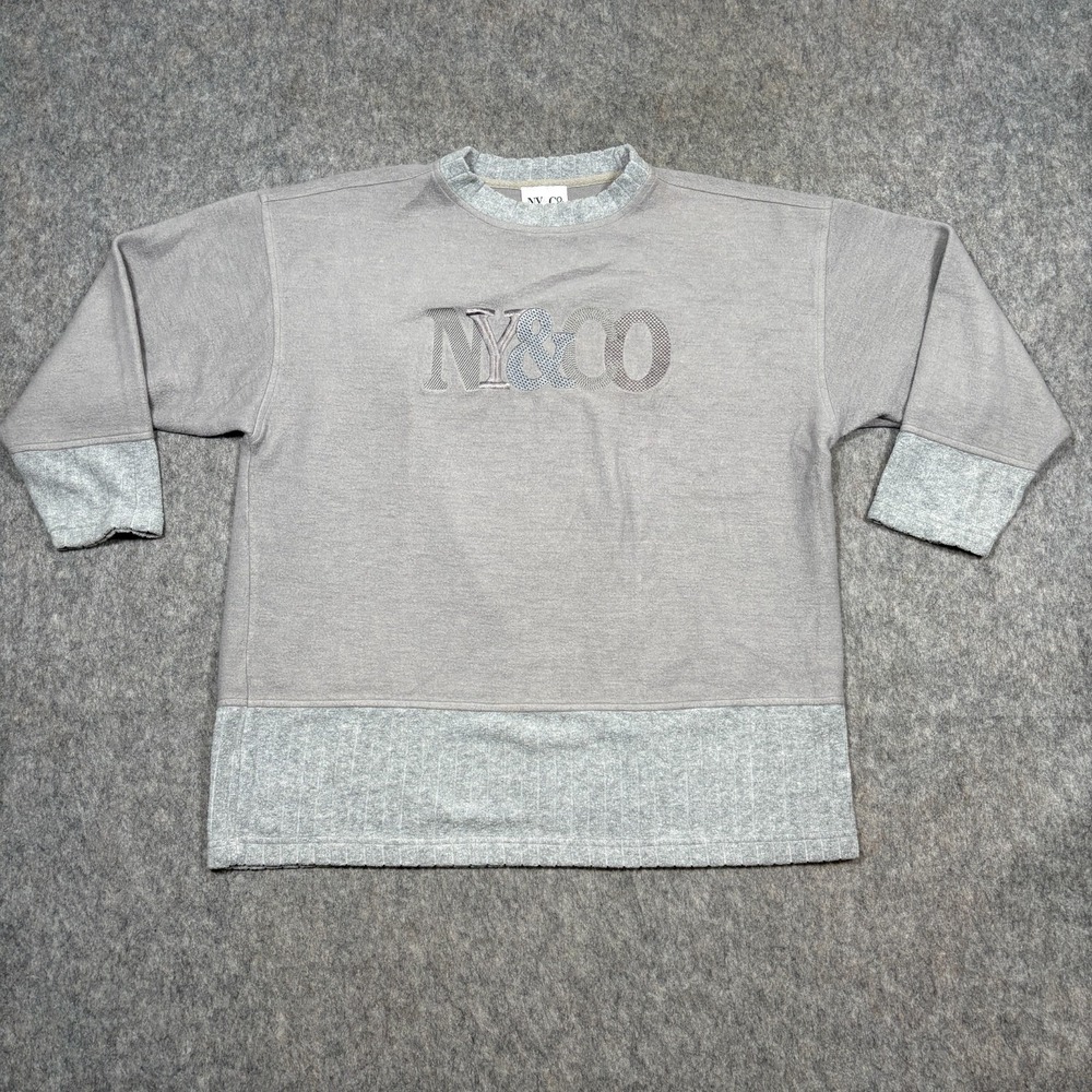 NY&Co Sweatshirt Unisex Size Large Gray 3/4 Sleeves Embroidered Logo Crew Neck